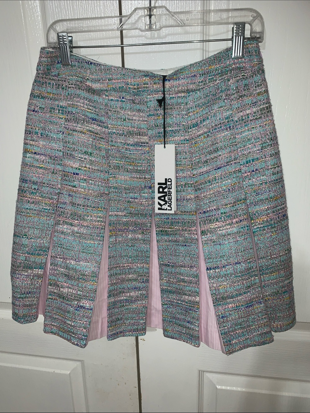 Karl Lagerfeld Pastel Tweed Mini Skirt with Pink Pleats